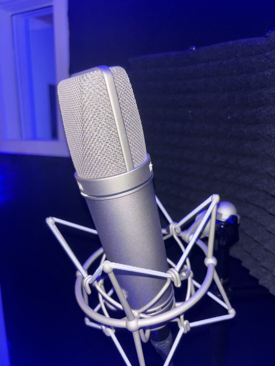 Studio condenser microphone in a shock mount, in the recording room